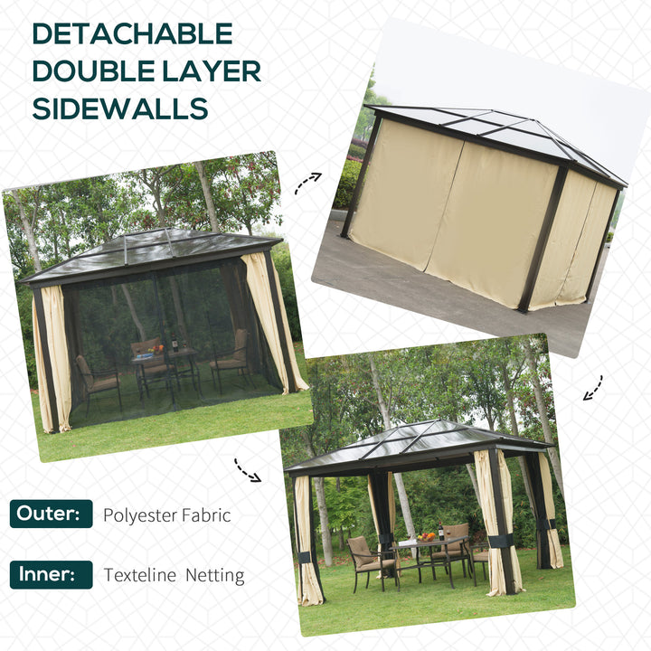 Outsunny 3.6 x 3(m) Hardtop Gazebo Canopy with Polycarbonate Roof and Aluminium Frame, Garden Pavilion with Mosquito Netting and Curtains, Brown