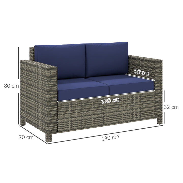 Rattan Sofa, 2 Seater Garden Furniture with Soft Padded Cushion and Armrests, Wicker Garden Loveseat for Patio, Navy Blue