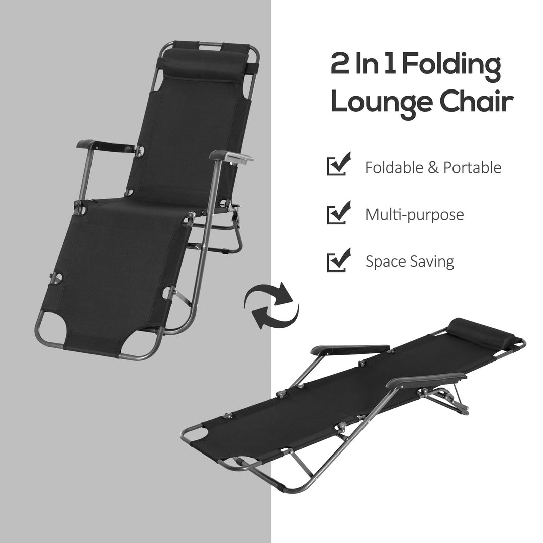 2 in 1 Folding Sun Lounger Reclining Garden Chair Set of 2 with 2-Level Adjustable Backrest, Outdoor Zero Gravity Recliner Garden Chairs with Head Pillow and Armrests, Black