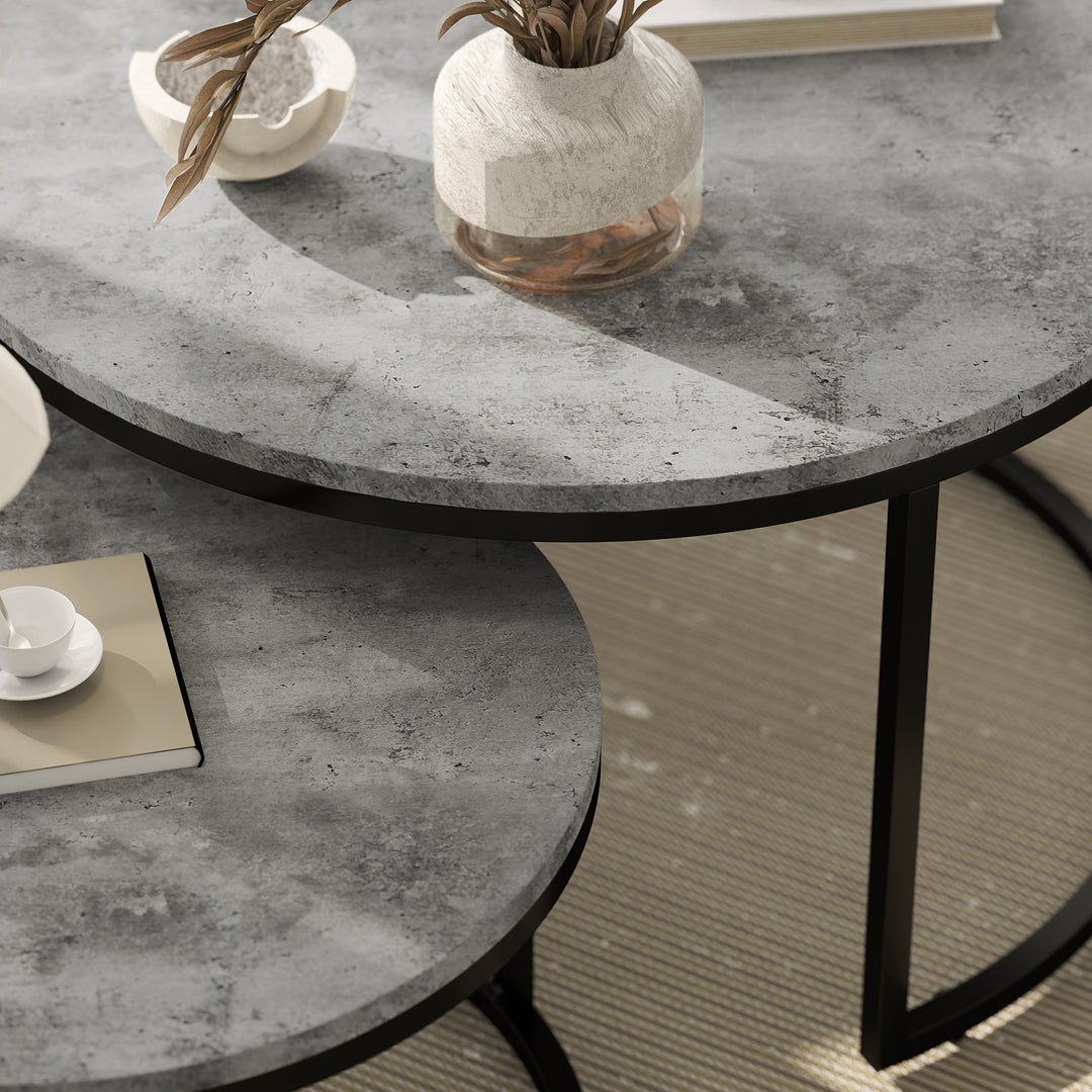 Set of Two Marble-Effect Stacking Tables - Grey/Black