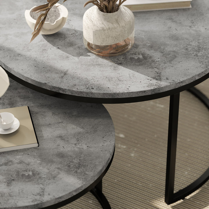 Set of Two Marble-Effect Stacking Tables - Grey/Black