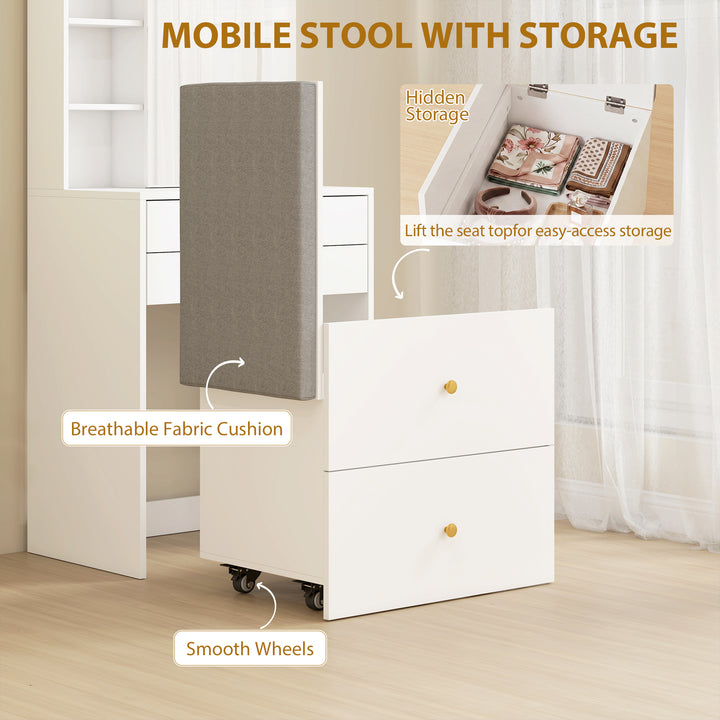 Dressing Table with Mirror and Mobile Storage Stool, Compact Vanity Ta