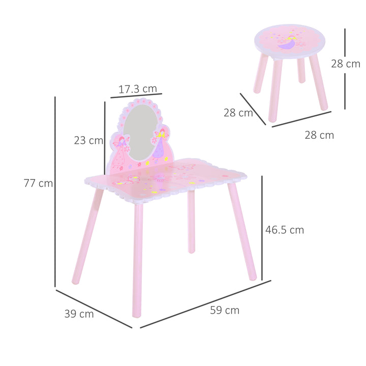 MCL Kids Dressing Table Girls Pink Wooden Kids Dressing Table & Stool Make Up Desk Chair Toys Fairy Dresser Play Set w/Mirror