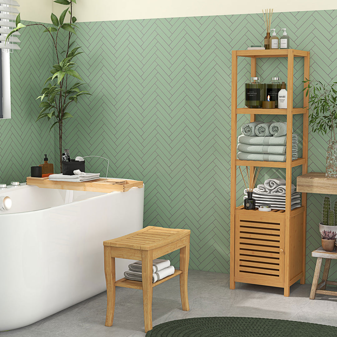 45cm 2-Tier Slatted Shower Bench Storage Seat w/ 4 Legs Comfortable Safe Bathroom Stool Spa Bath Organiser
