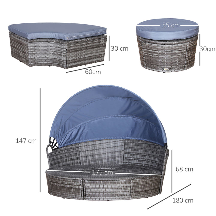 MCL Outdoor PE Rattan Garden Furniture with Cushioned, Patio Wicker Conversation Furniture Set, Round Daybed with Retractable Canopy, Coffee Table and Three Pillows, Grey/Blue Grey