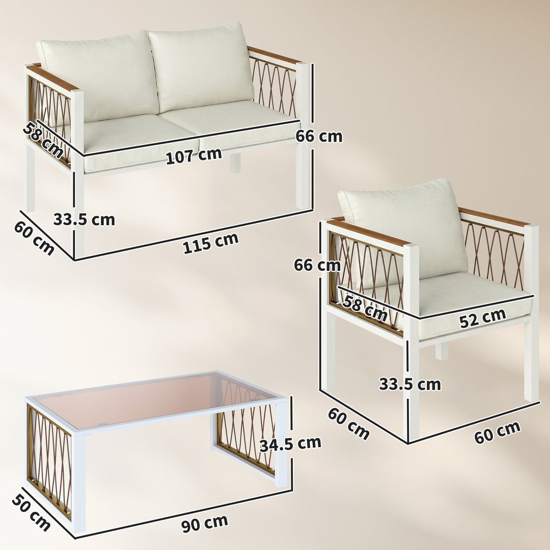 4 Piece Rattan Garden Furniture Set with Loveseat, 2 Armchairs, Cream 