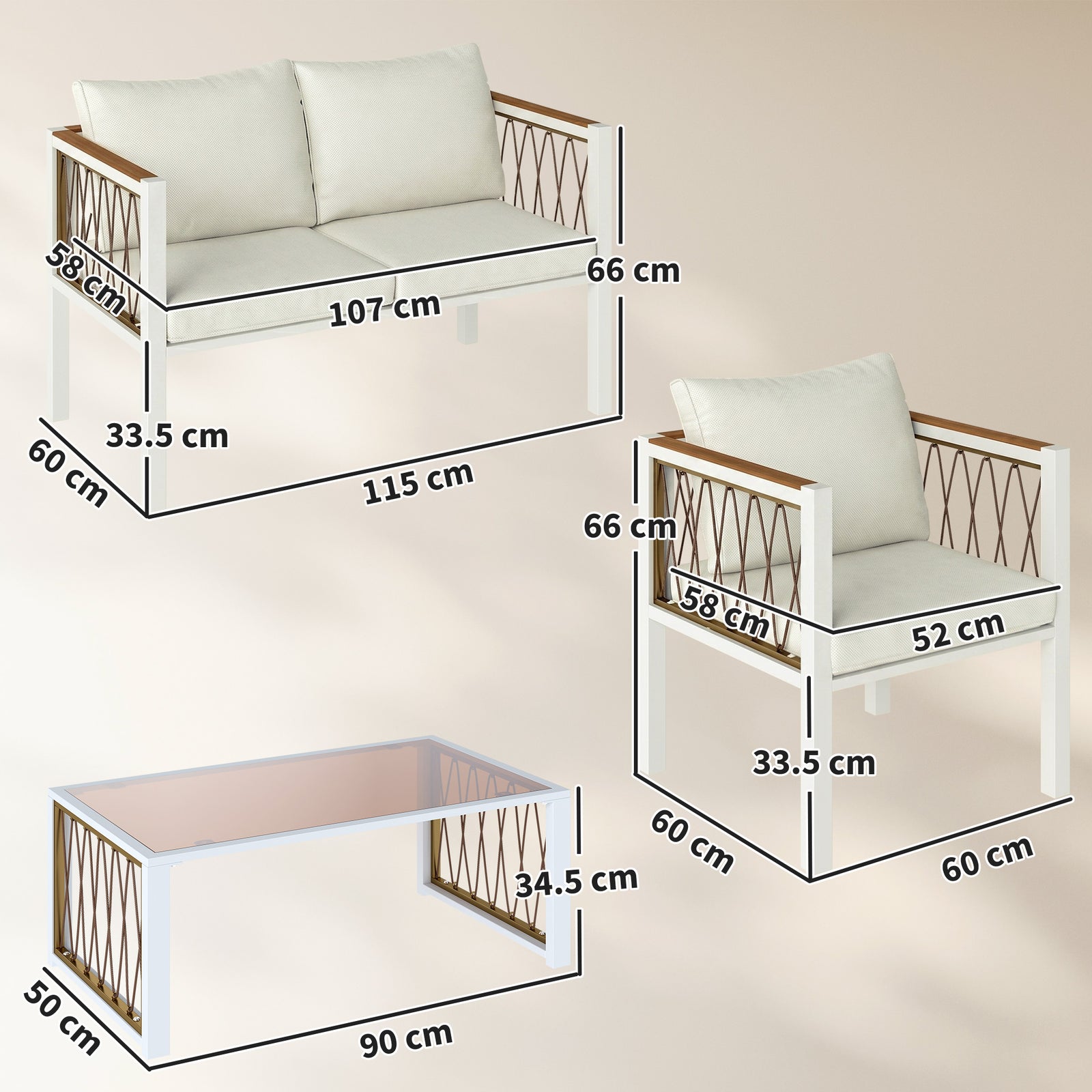 4 Piece Rattan Garden Furniture Set with Loveseat, 2 Armchairs, Cream 