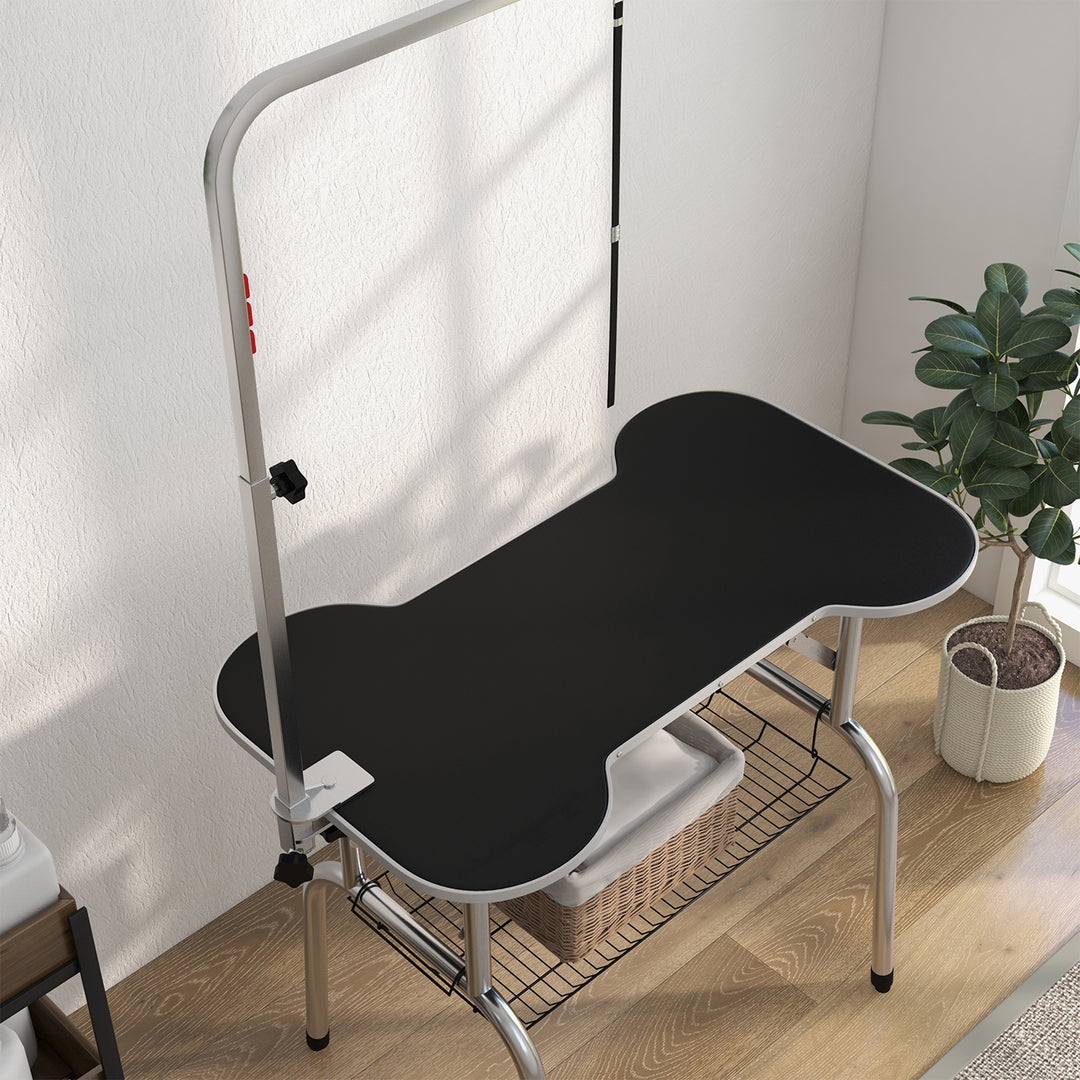 Foldable Dog Grooming Table Pet Drying Table with Adjustable Arm Non-Slip Rubber Tabletop Aluminium Alloy Edge Stainless Steel Bar Sling 94.5 x 55 x 81cm Black