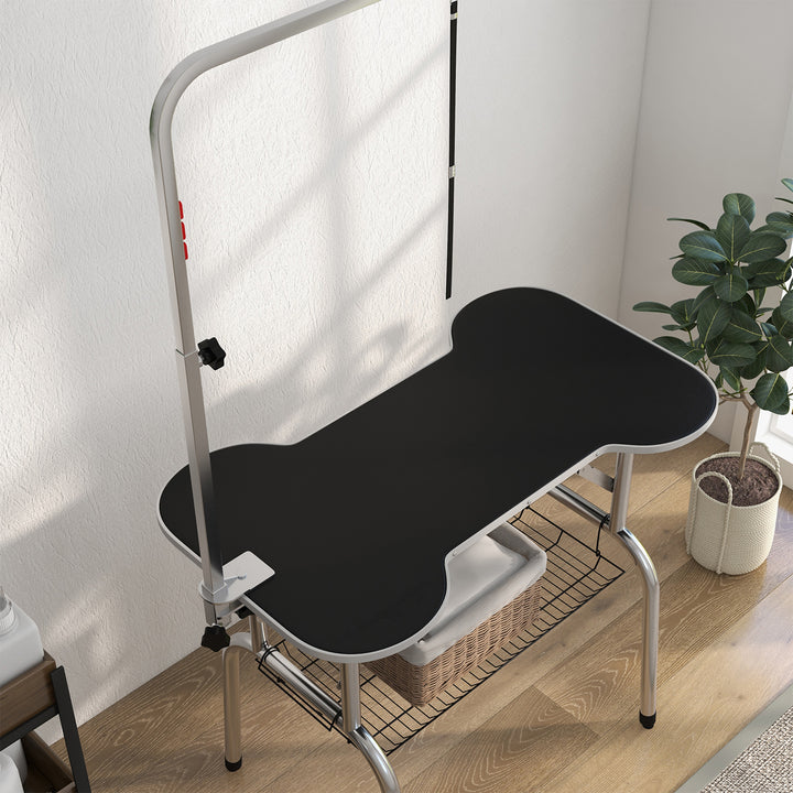 Foldable Dog Grooming Table Pet Drying Table with Adjustable Arm Non-Slip Rubber Tabletop Aluminium Alloy Edge Stainless Steel Bar Sling 94.5 x 55 x 81cm Black