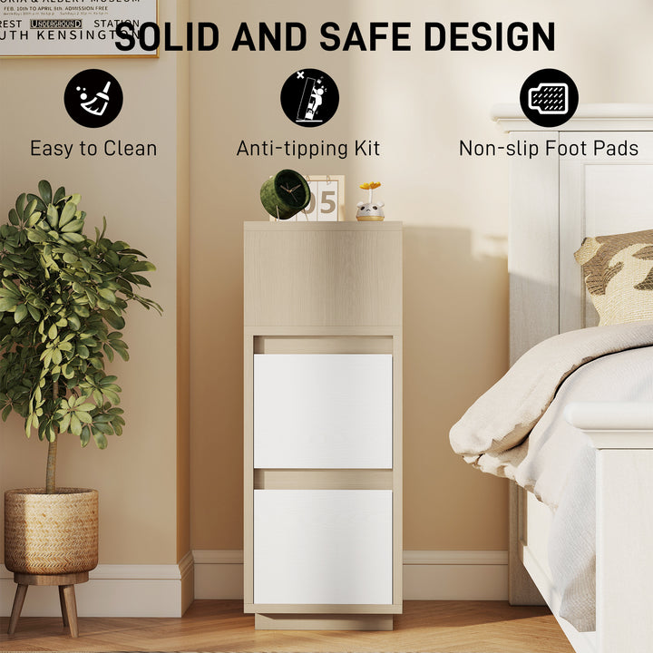 Slim Bedside Table, Narrow Bedside Cabinet with Open Shelf and 2 Drawers for Bedroom, Living Room