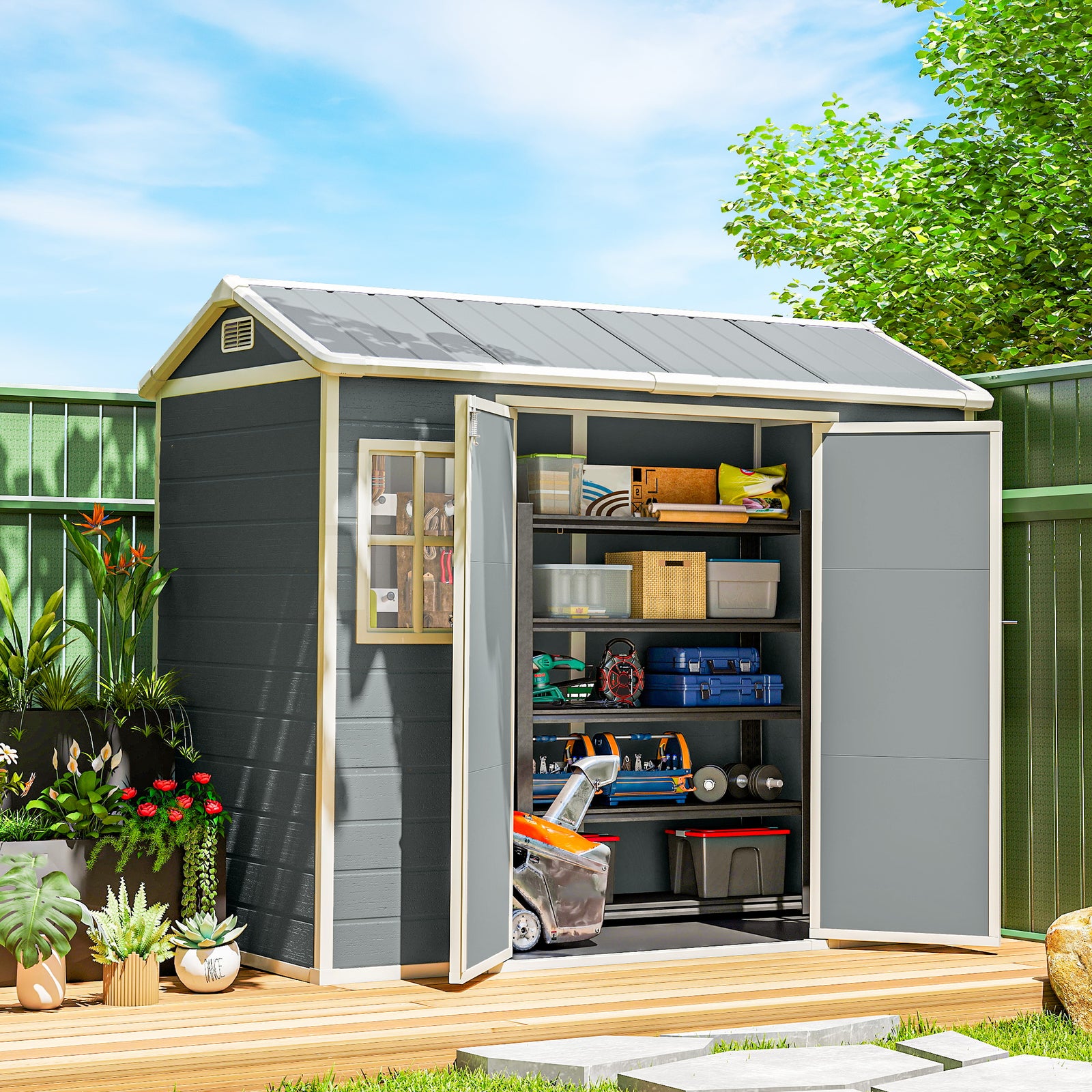 8 x 4 ft Plastic Garden Shed, Wood-Effect Outdoor Storage Shed with Fl