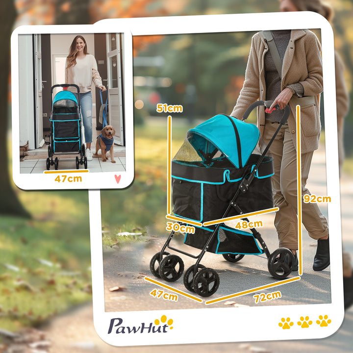 PawHut Dog Stroller Dog Pram Cat Stroller with Cup Holder, Bottom Storage Pocket & Zipper to Keep Your Pet Strapped in, Black & Blue | Aosom UK