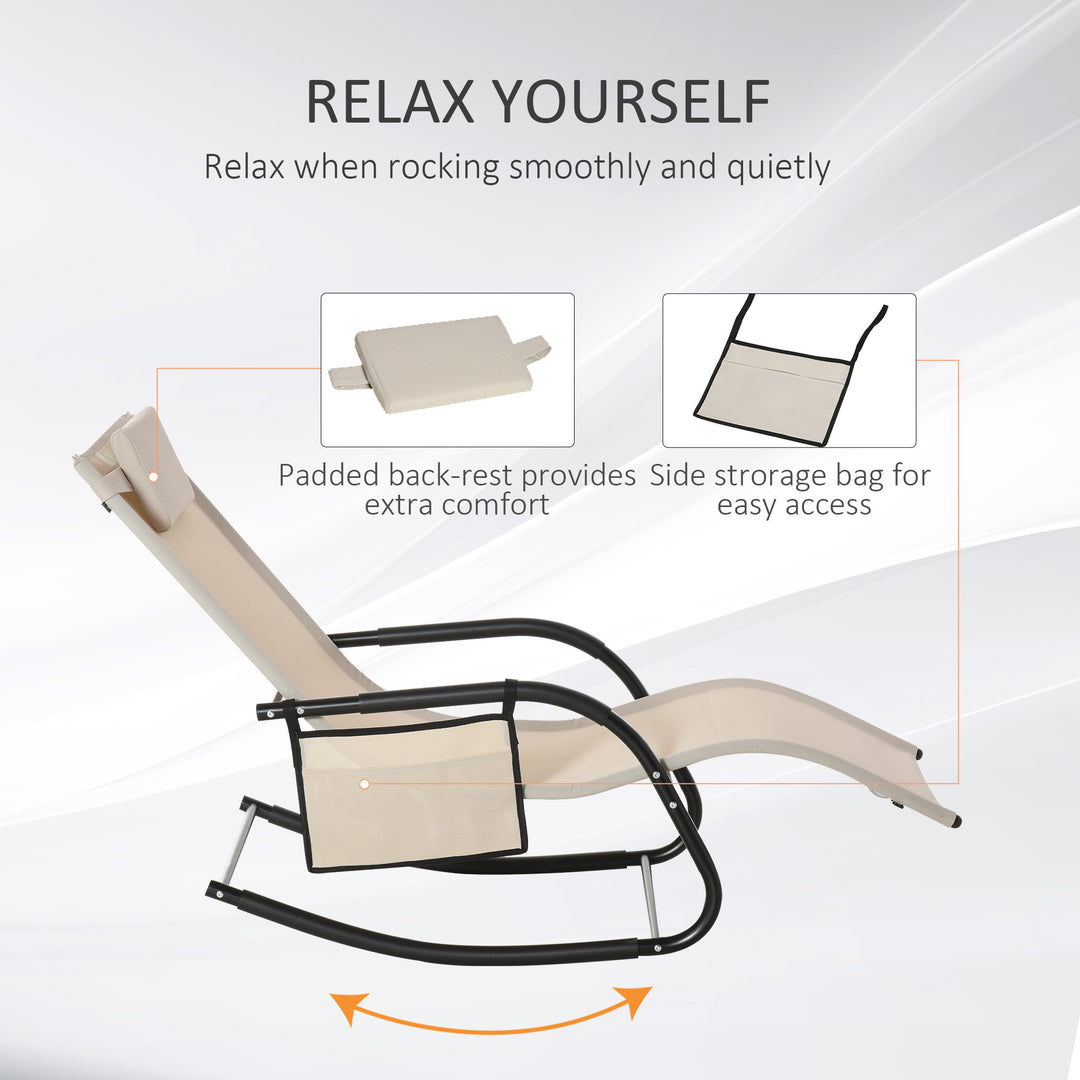 2PCs Outdoor Garden Rocking Chair, Patio Sun Lounger Rocker Chair with Breathable Mesh Fabric, Removable Headrest Pillow, Armrest, Side Storage Bag, Cream White