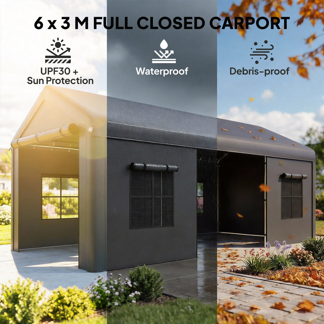 3 x 6 m Heavy Duty Carport, Portable Garage Car Canopy Tent with Galva