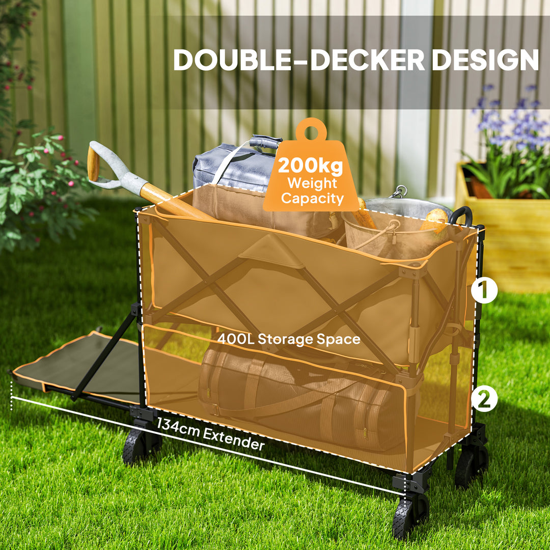 Double Decker Folding Festival Trolley on Wheels, 200KG & 350L Capacity Collapsible Wagon Festival Trolley Cart with 134cm Extended for Camping Sports Shopping Garden and Beach, Grey