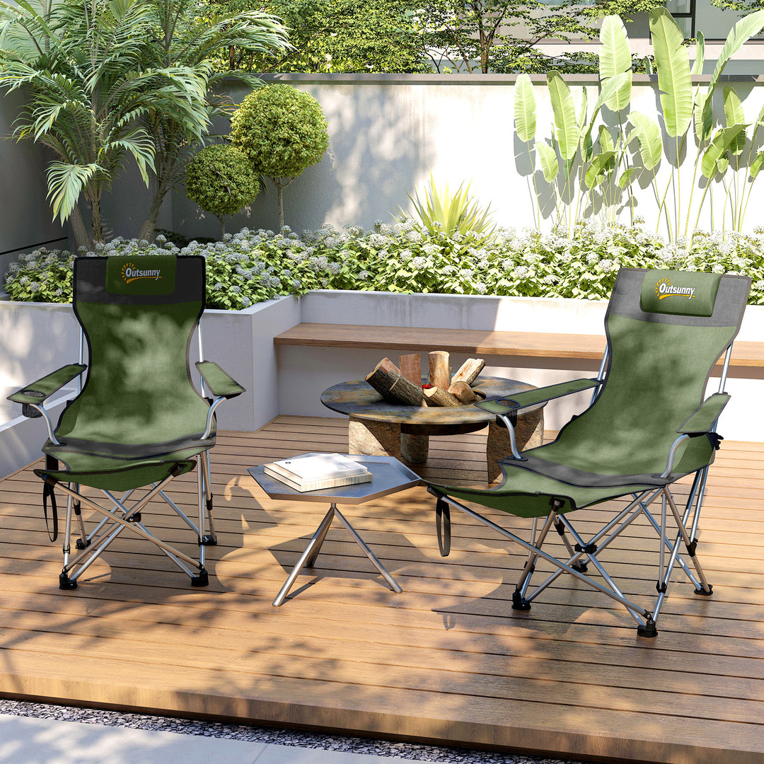 Set of 2 Reclining Folding Camping Chair w/ Detachable Footrest, Storage Bag, Cup Holder & Headrest, Lightweight Portable Camp Chair for Beach, Picnic, Olive Green and Grey