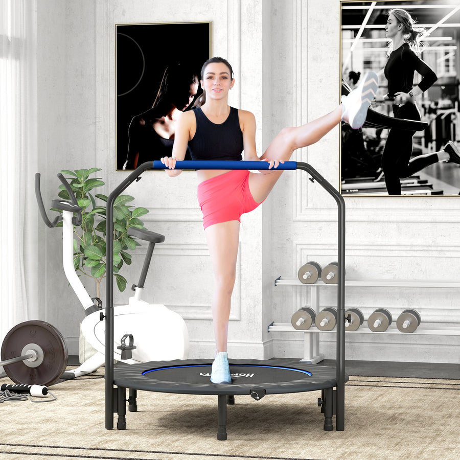 48" Foldable Mini Fitness Trampoline, with Adjustable Foam Handle, Blue