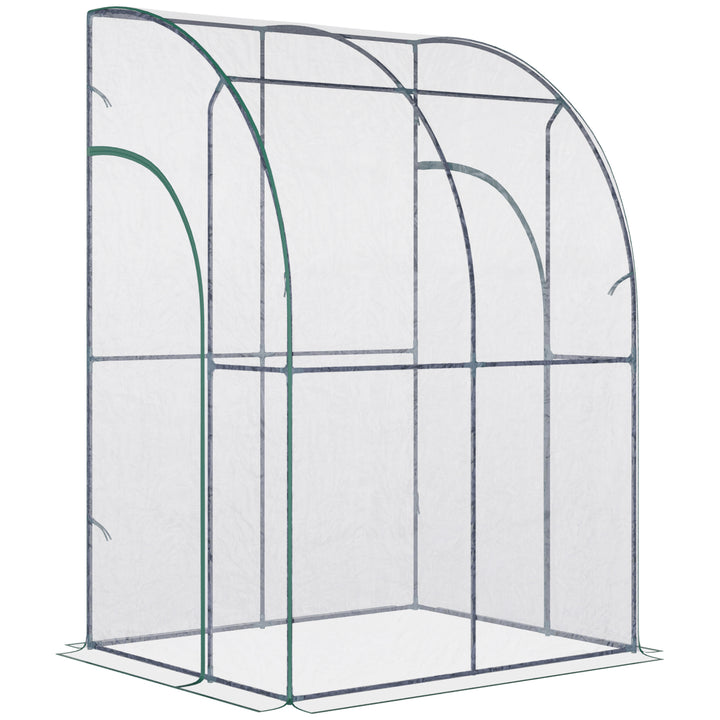 Outsunny Walk-In Greenhouse Lean to Wall Tunnel Greenhouse with Zippered Roll Up Door PVC Cover Sloping Top, 143 x 118 x 212 cm | Aosom UK