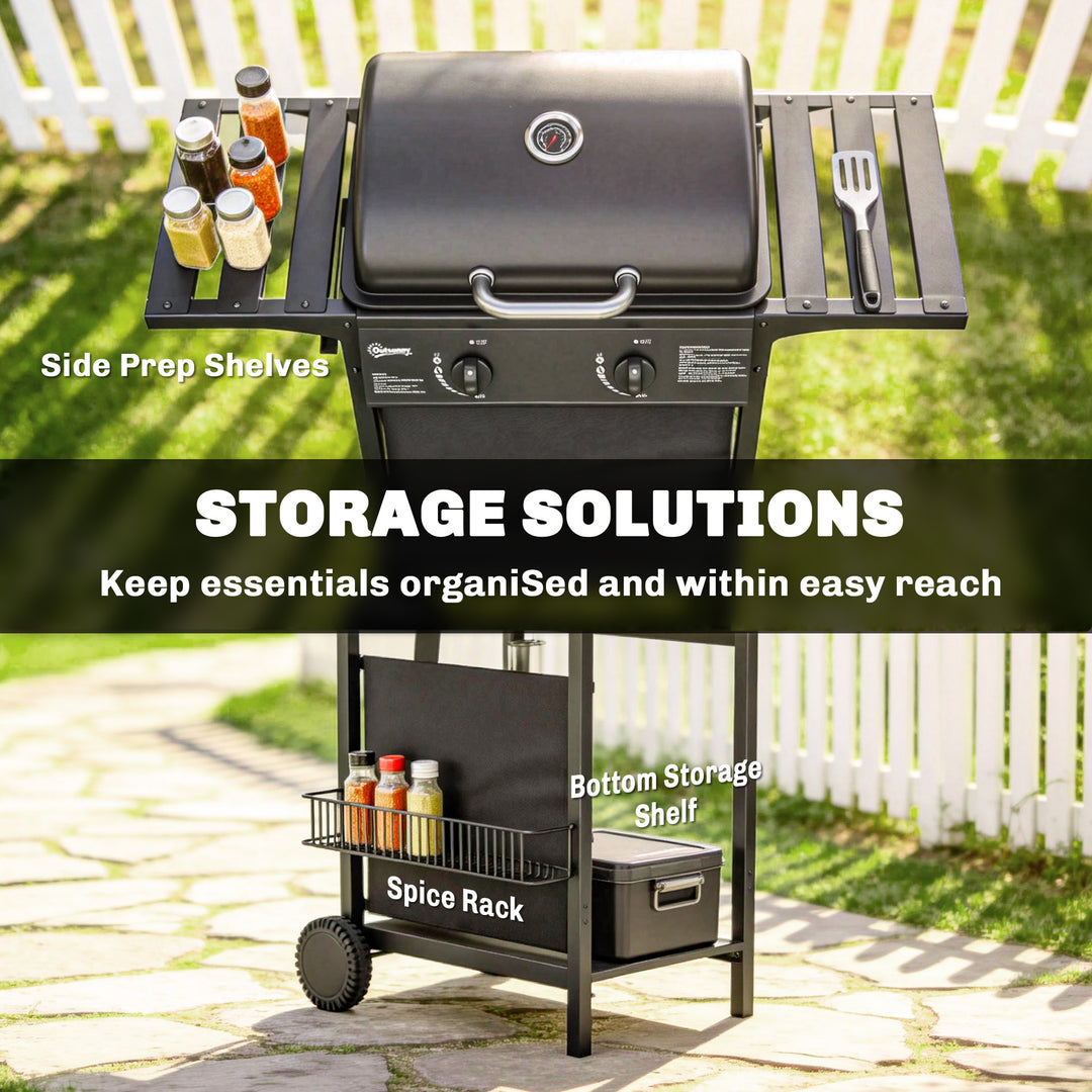Gas Burner Barbecue Grill, 2 Burner Gas Grill with Side Tables, Warmin