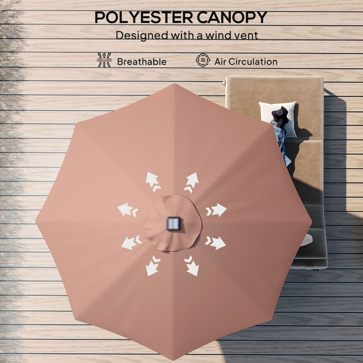 Φ2.7m Garden 24 LED Light Parasol Solar Outdoor Tilt Sun Umbrella Patio Club Party Event Manual Sun Shade w/ Hand Crank and 8 Ribs, Brown