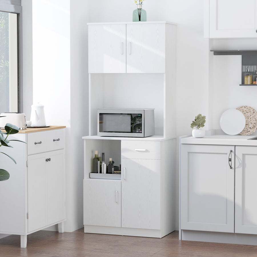 Tall Kitchen Cupboard, Kitchen Cabinet with Doors, Shelves, Drawer and Open Countertop, Storage Cabinet for Living Room, Dining Room, White