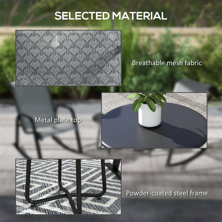 Outsunny 3 Piece Outdoor Rocking Set with 2 Armchairs and Metal Top Coffee Table, Patio Bistro Set with Curved Armrests, Breathable Mesh Fabric Seat for Garden, Deck, Mixed Grey