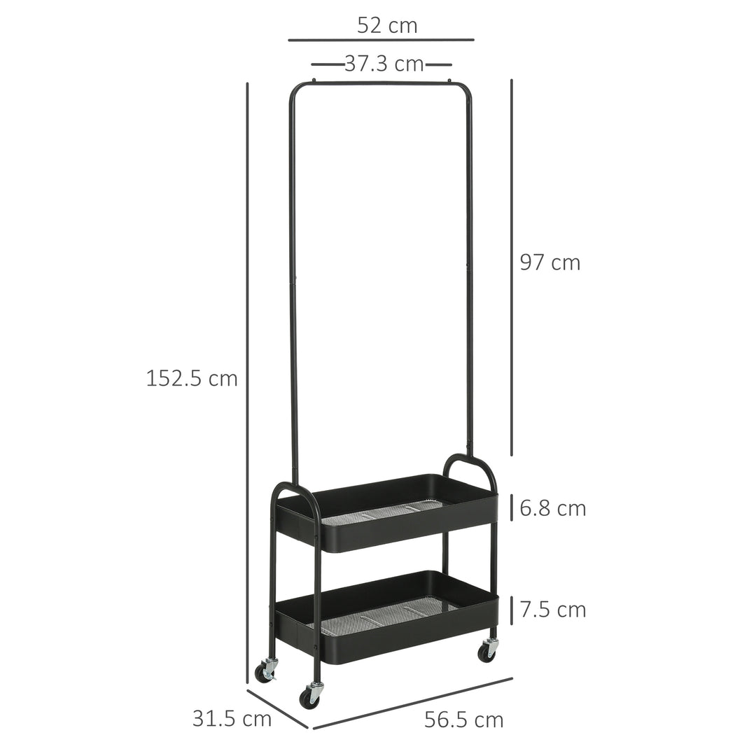 HOMCOM Freestanding Metal Clothes Rail with Shoe Storage, Coat Stand on Wheels, 2-Tier Hall Tree with Shelves, Black | Aosom UK