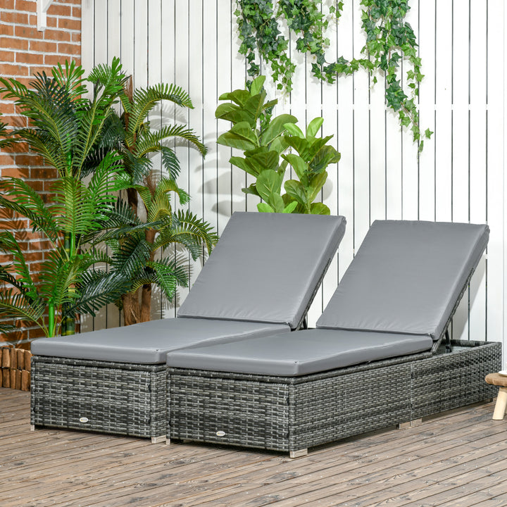 Outsunny PE Rattan Sun Loungers set of 2 w/ Cushion, 2 Pcs Garden Sunbed Furniture w/ 5