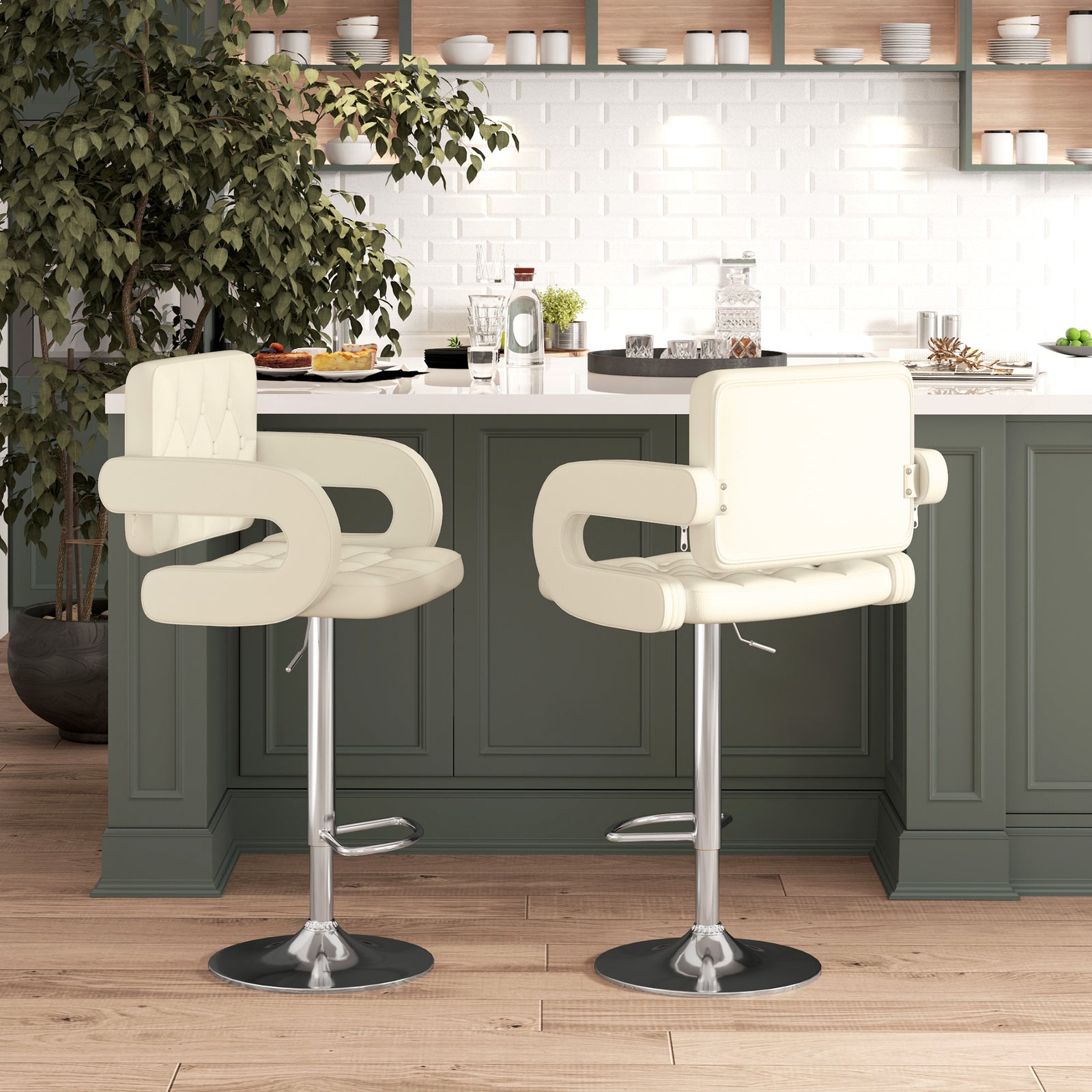 Upholstered Swivel Bar Stool, Set of 2 Height Adjustable Barstool with Back, Armrest, Footrest for Kitchen, White