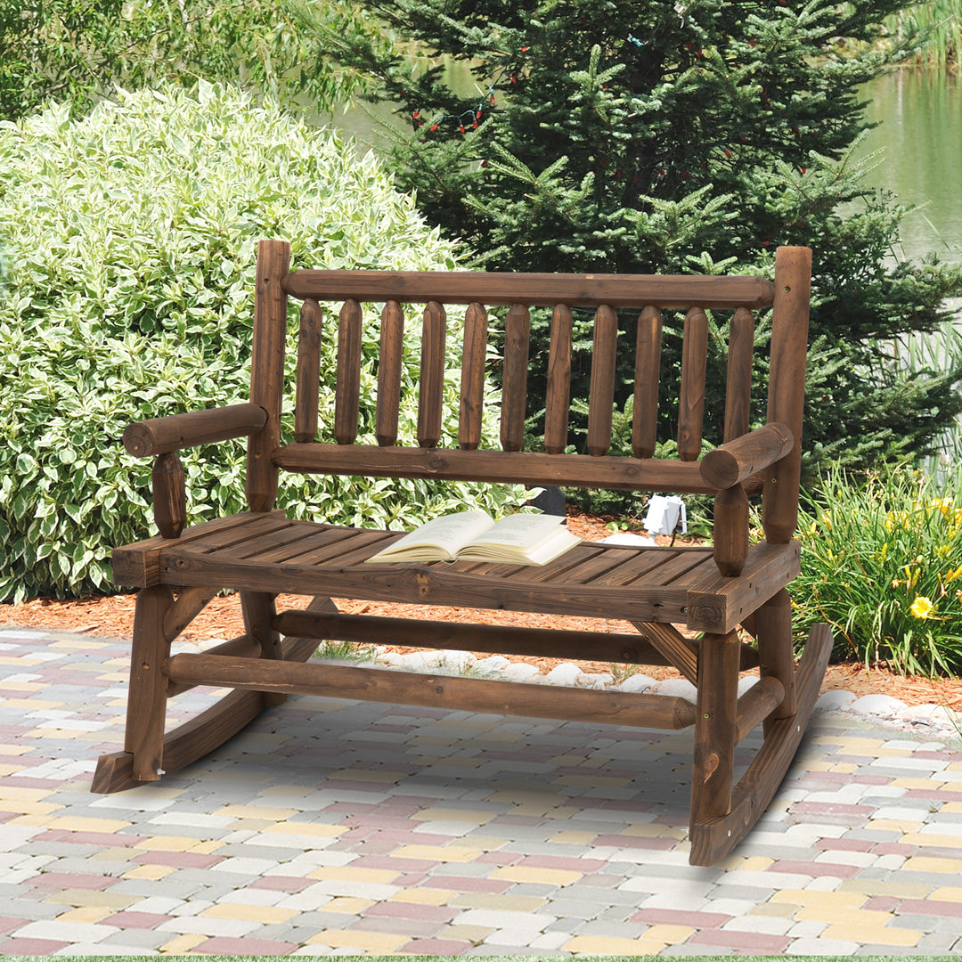 Outsunny Garden 2-Seater Rocking Bench Wood Frame Rough-Cut Log Loveseat Slatted High Back Rustic Style with Armrests - Dark Stain Brown | Aosom UK