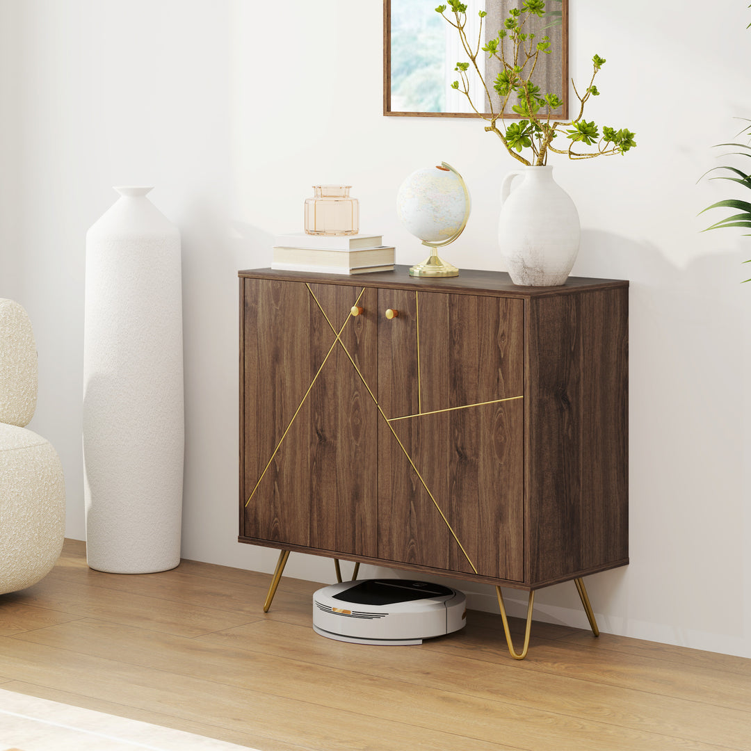Sideboard Storage Cabinet with Golden Lines, Modern Luxury Living Room Cabinet with Adjustable Shelf, Steel Harpin Legs, Brown