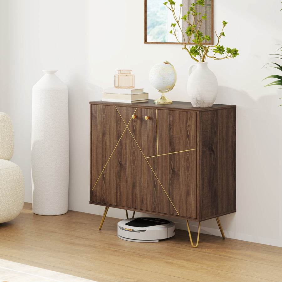 Sideboard Storage Cabinet with Golden Lines, Modern Luxury Living Room Cabinet with Adjustable Shelf, Steel Harpin Legs, Brown