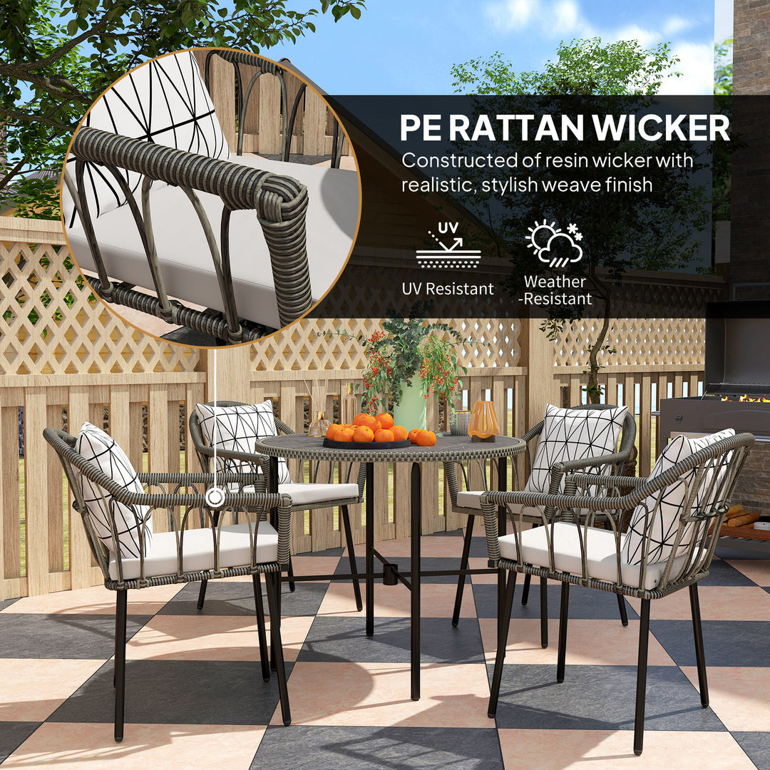 5 Piece Patio Rattan Dining Set, Wicker Garden Table and Chairs w/ Removable Seat & Back Cushions, Round Tempered Glass Tabletop, Parasol Hole, Outdoor Furniture Conservatory Set, Grey