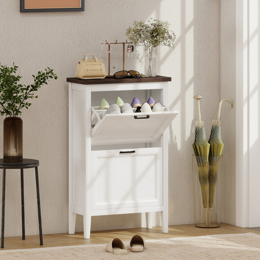 Shoe Cabinet with 2 Flip Drawers, Farmhouse Narrow Shoe Storage Cabine