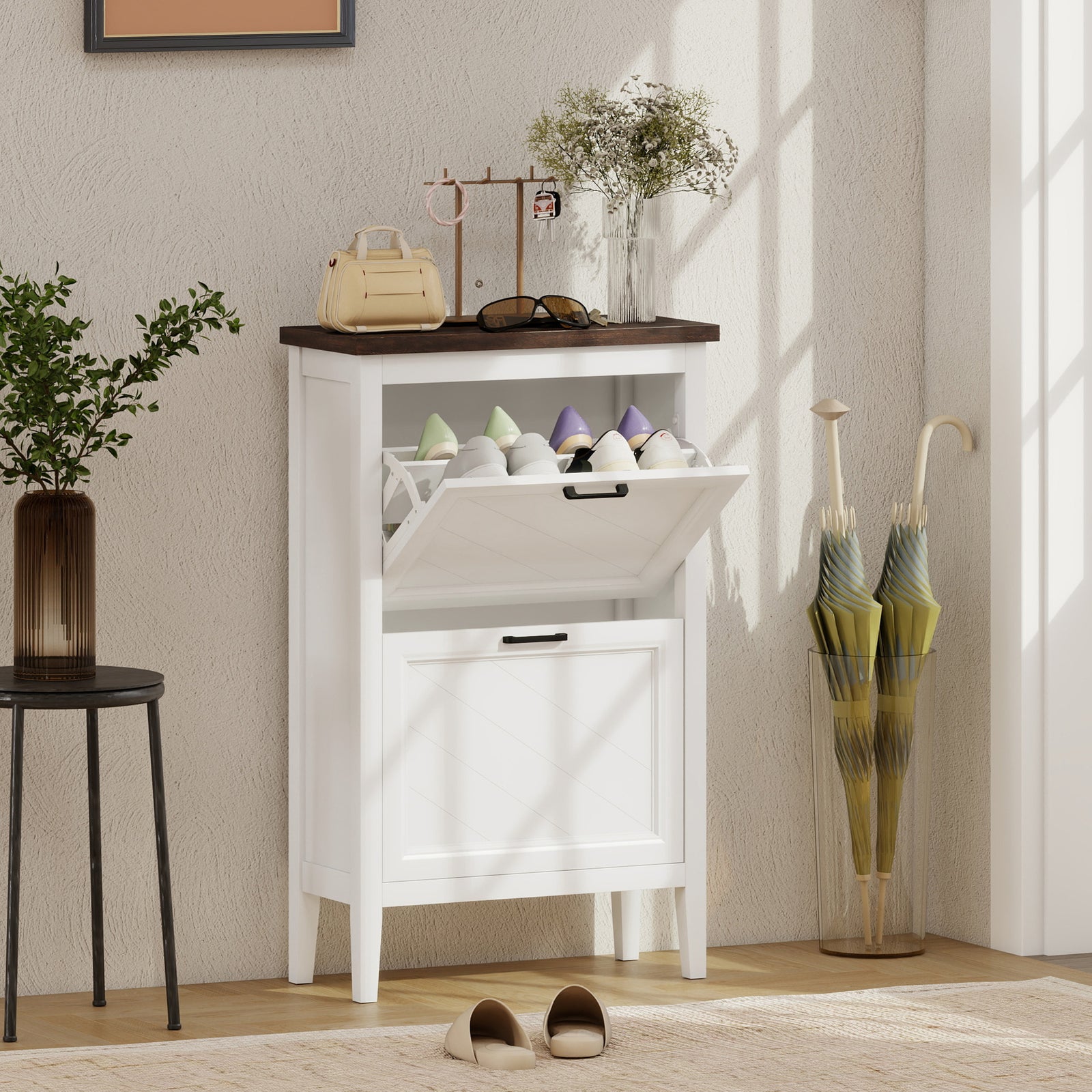 Shoe Cabinet with 2 Flip Drawers, Farmhouse Narrow Shoe Storage Cabine