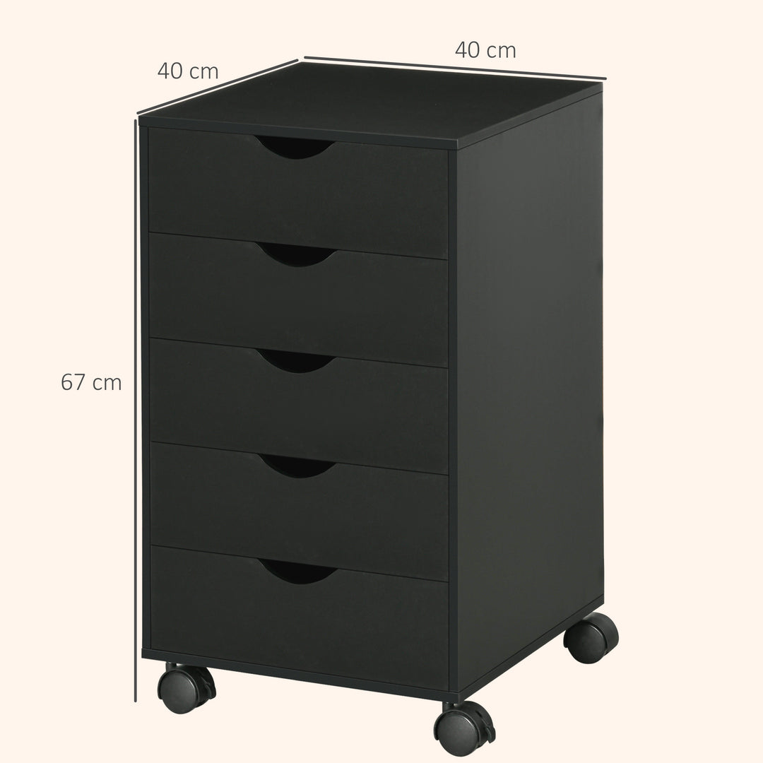 5 Drawer Mobile Filing Cabinet, Vertical File Cabinet, Modern Rolling Office Storage Organizer Cupboard, Black