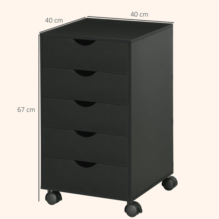 5 Drawer Mobile Filing Cabinet, Vertical File Cabinet, Modern Rolling Office Storage Organizer Cupboard, Black