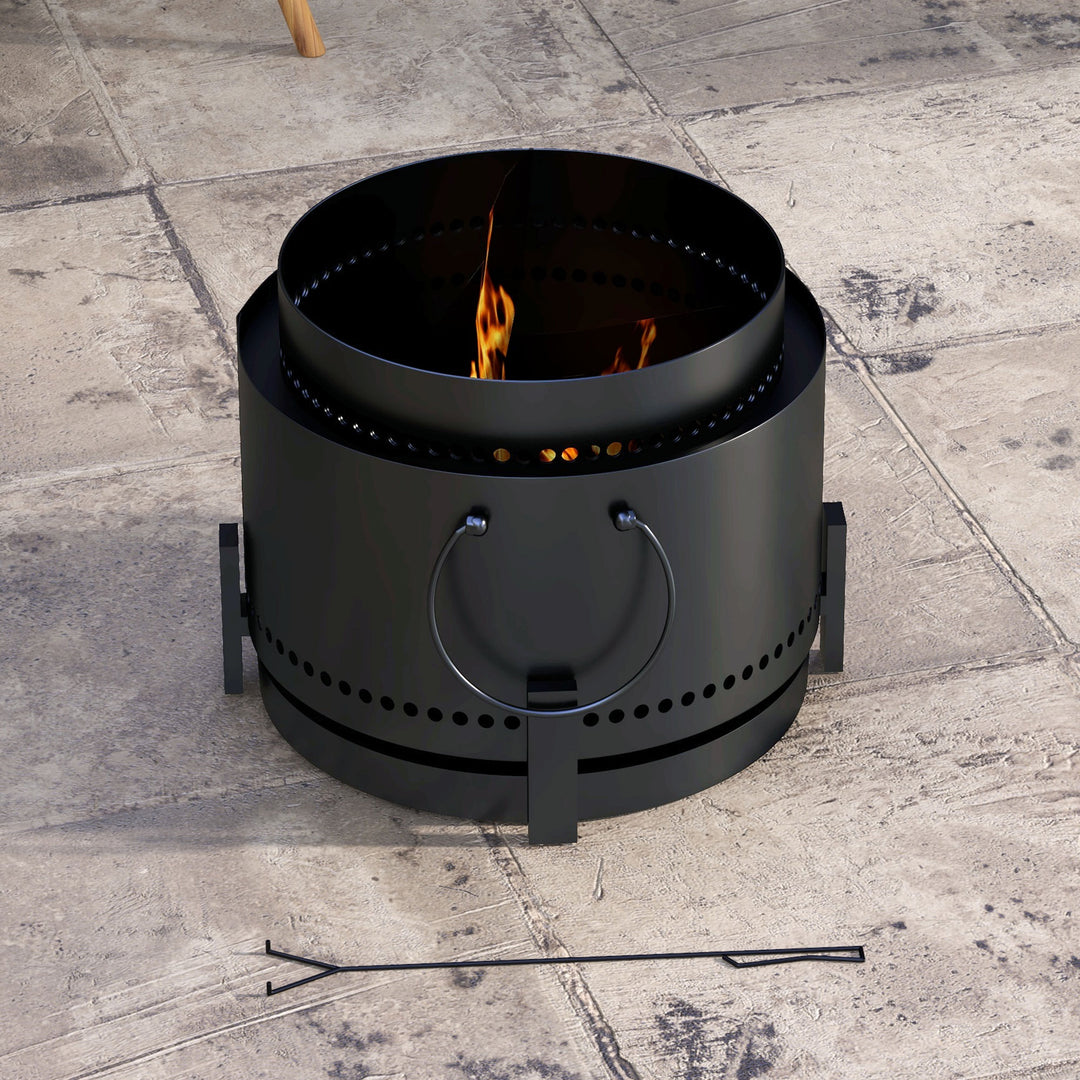Smokeless Fire Pit with Ash Catcher, 37cm Portable Wood Burning Firepit with Poker for Garden Camping Bonfire Party, Metal, Black