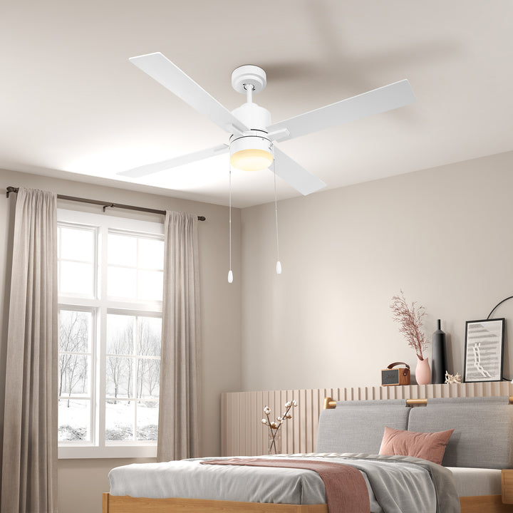 HOMCOM Ceiling Fan with LED Light, Flush Mount Ceiling Fan Lights with Reversible Blades, Pull-chain, White and Natural Tone | Aosom UK