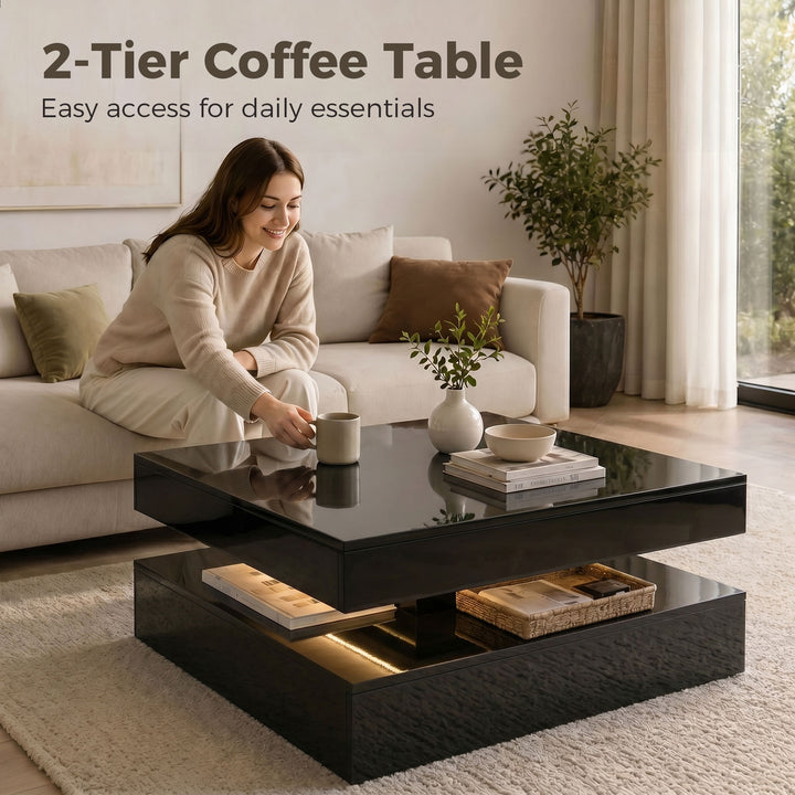 LED Coffee Table with Storage, 2-Tier Modern Centre Table with Open Sh