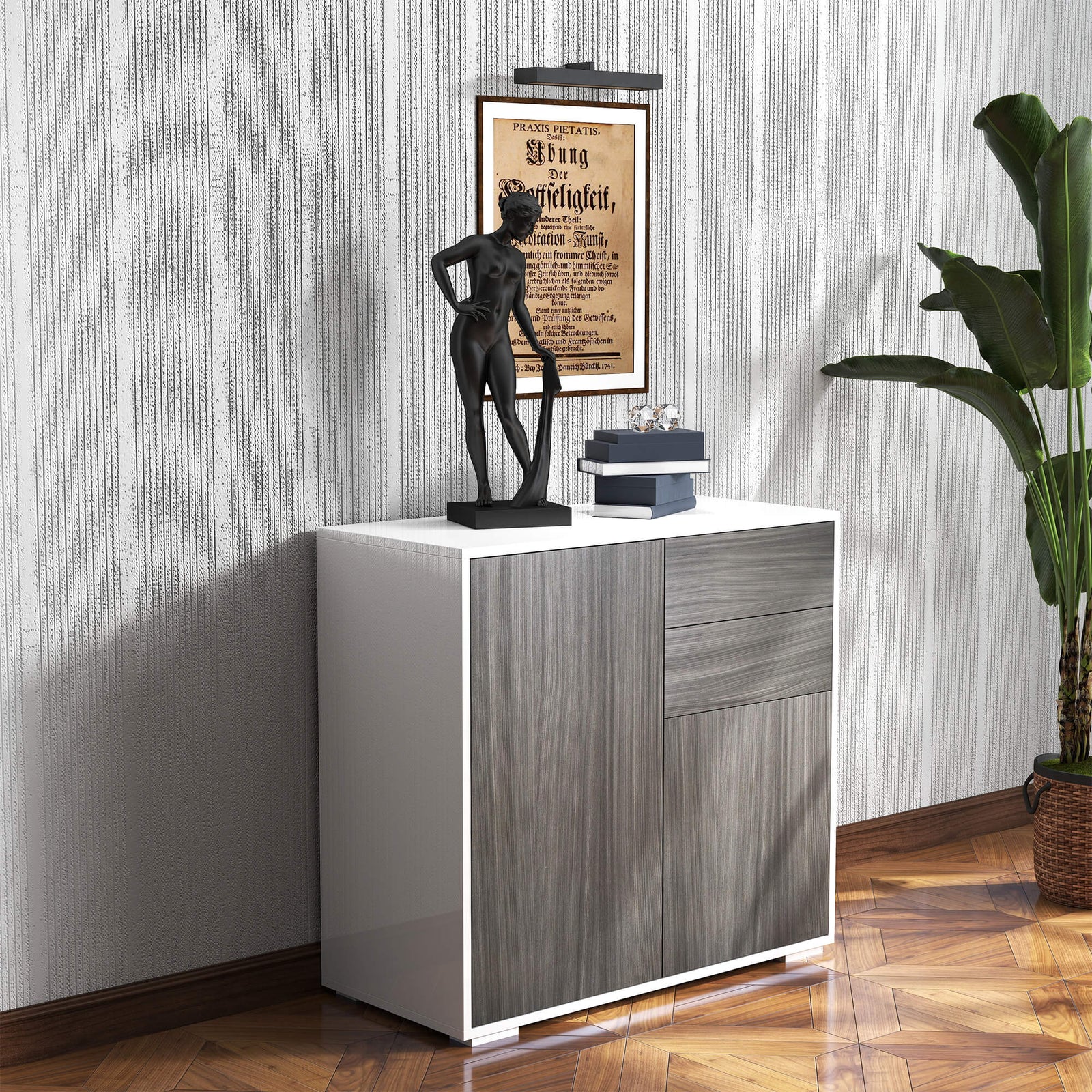 High Gloss Frame Sideboard, Side Cabinet, Push-Open Design with 2 Drawer for Living Room, Bedroom, Grey