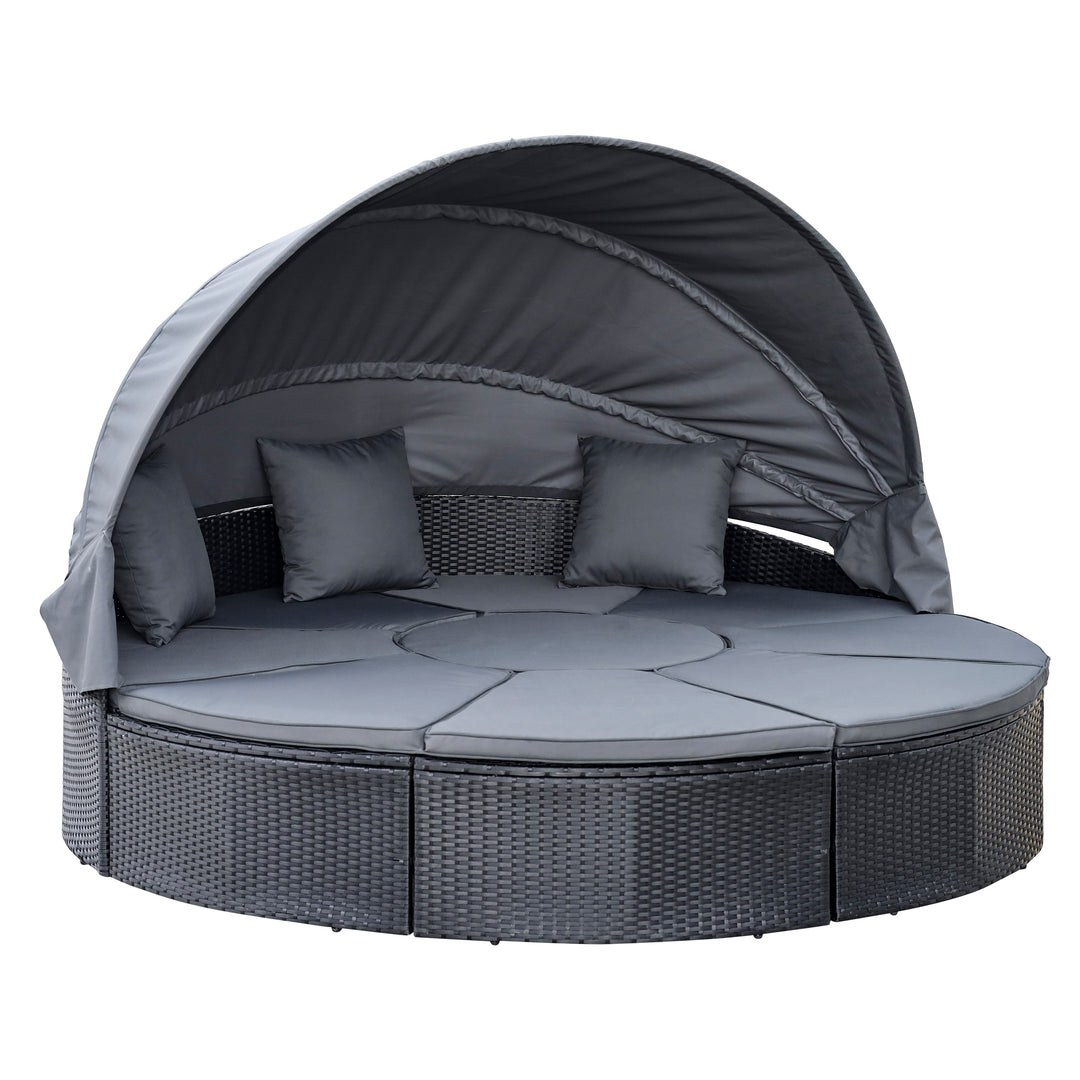 MCL 4 Pieces PE Rattan Garden Daybed Set, Outdoor Wicker Cushioned Round Sofa Bed Conversation Furniture with Coffee Table & Canopy, Black