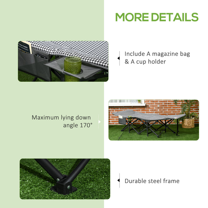 Foldable Camp Bed, Padded Patio Camping Bed with Carry Bag, Magazine Bag and Cup Holder for Outdoor, Garden, Black