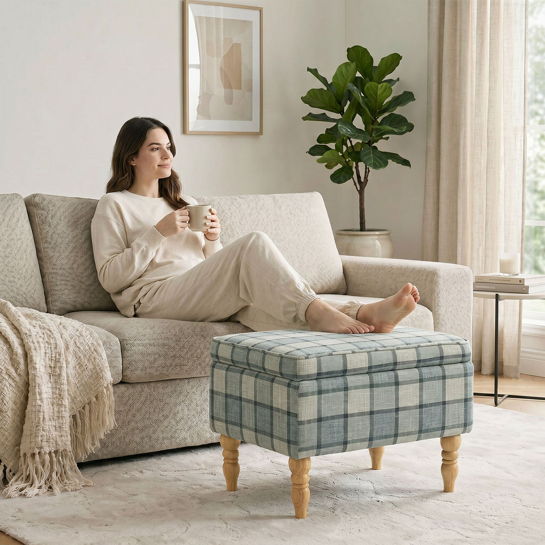 Linen Fabric Upholstered Footstool, Rectangular Storage Stool with Rem