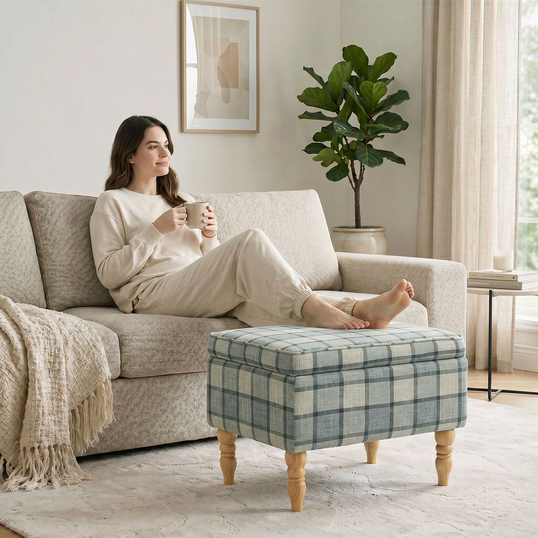 Linen Fabric Upholstered Footstool, Rectangular Storage Stool with Removable Top, Padded Seat and Hidden Space