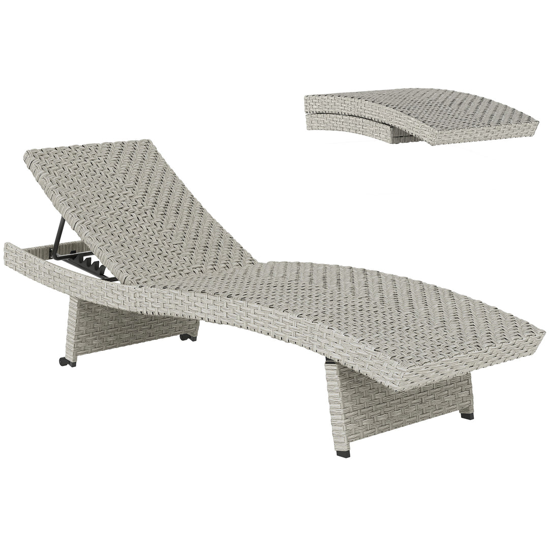 Outdoor PE Rattan Sun Lounger, Folding Wicker Garden Lounger Recliner with 4-Level Adjustable Backrest, Rolling Sunbed Lounge Chair with Wheels, Non-Slip Legs for Balcony, Beach, Grey