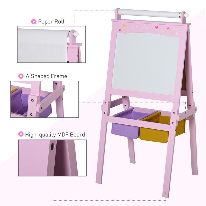 Kids Easel 3 in 1 Wooden Art Easel with Paper Roll Double-Sided Chalkboard & Whiteboard with Storage Baskets for Toddler Girls, Pink