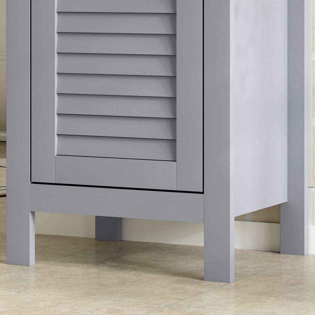 Bathroom Floor Storage Cabinet with 3 Tier Shelf and Cupboard with Door, Free Standing Linen Tower, Tall Slim Side Organizer Shelves, Grey