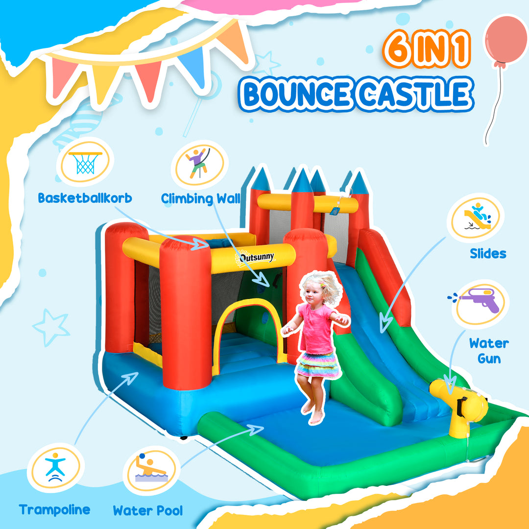 Kids Inflatable Bouncy Castle Water Slide 6 in 1 Bounce House Jumping Castle Water Pool Gun Climbing Wall Basketball Hoop with Air Blower for Summer Playland