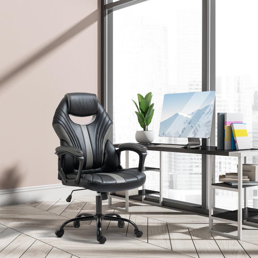 Computer Gaming Chair, Desk Chair with Breathable PU Leather Back and Seat, Soft Padded Armrests and Rolling Wheels for Adults and Gamers, Black